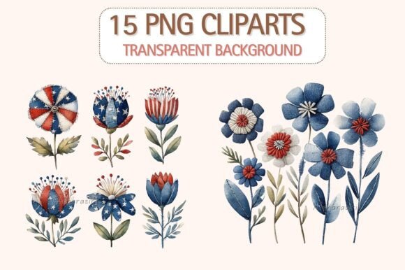 Americana Folk Flower Clipart: Cozy Patchwork PNGs