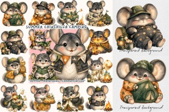 Summer Camping Chinchilla Watercolor