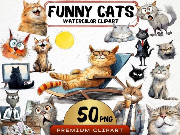 Unleash the Charm of Our Watercolor Funny Cats Clipart Set
