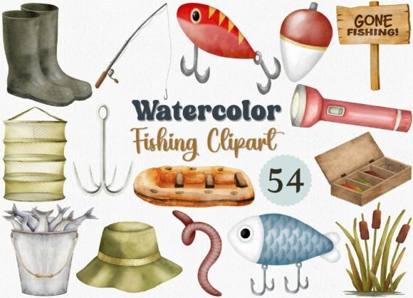 Watercolor Fishing Clipart Set, 54 PNG: A Practical Asset for Creative Workflows