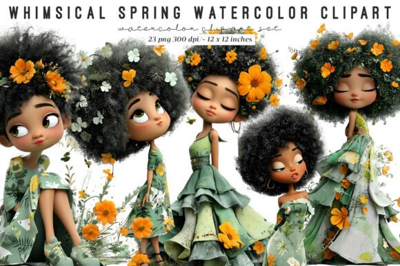 Whimsical Floral Black Girls Clipart